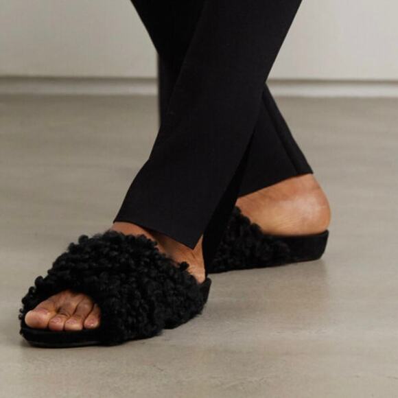 ATP ATELIER Doris Shearling Suede Slides - Black - Size 38 - Picture 1 of 8
